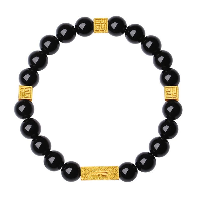 Wear FengShui Black Obsidian 925 Sterling Silver Fu Character Cube Strength Bracelet