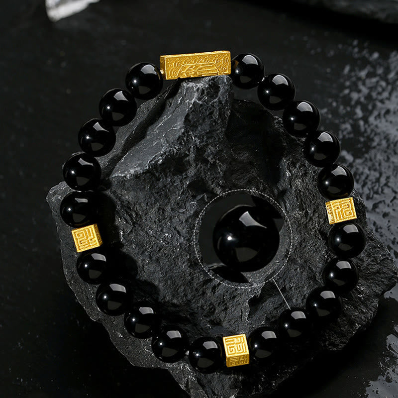 Wear FengShui Black Obsidian 925 Sterling Silver Fu Character Cube Strength Bracelet