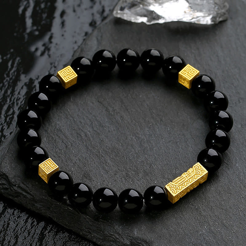 Wear FengShui Black Obsidian 925 Sterling Silver Fu Character Cube Strength Bracelet