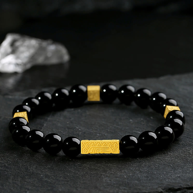 Wear FengShui Black Obsidian 925 Sterling Silver Fu Character Cube Strength Bracelet