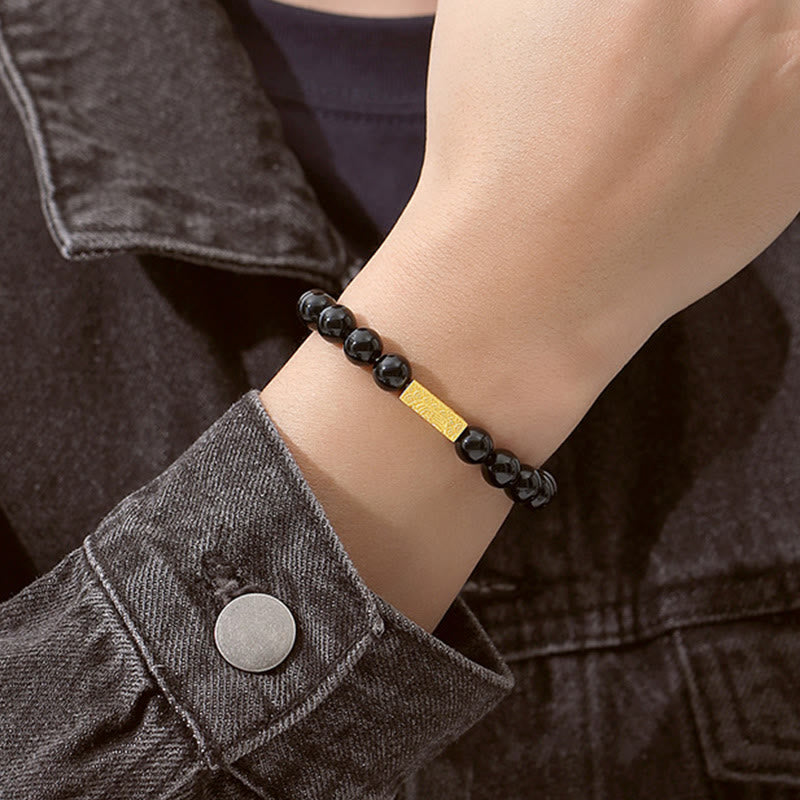 Wear FengShui Black Obsidian 925 Sterling Silver Fu Character Cube Strength Bracelet