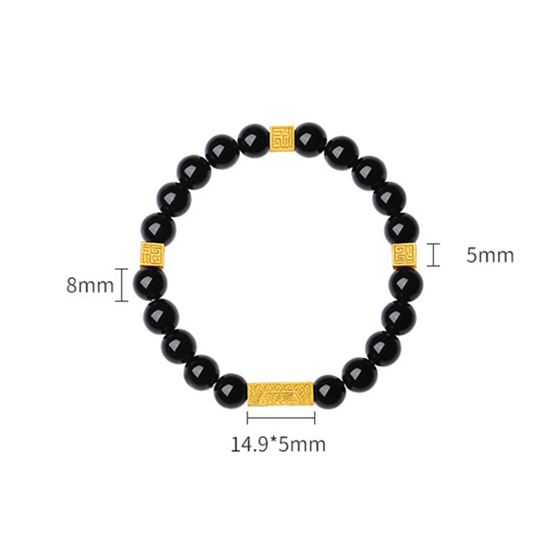 Wear FengShui Black Obsidian 925 Sterling Silver Fu Character Cube Strength Bracelet