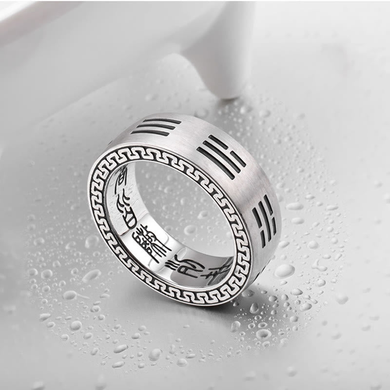 Wear FengShui Bagua Yin Yang Taoist Nine-Character Mantra Titanium Steel Harmony Ring