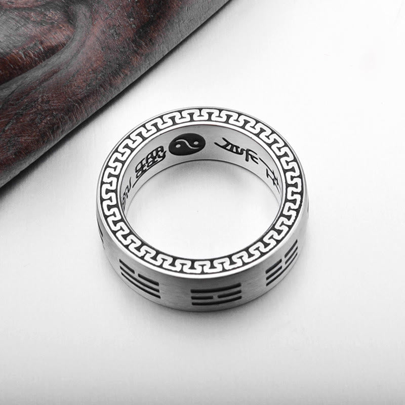 Wear FengShui Bagua Yin Yang Taoist Nine-Character Mantra Titanium Steel Harmony Ring