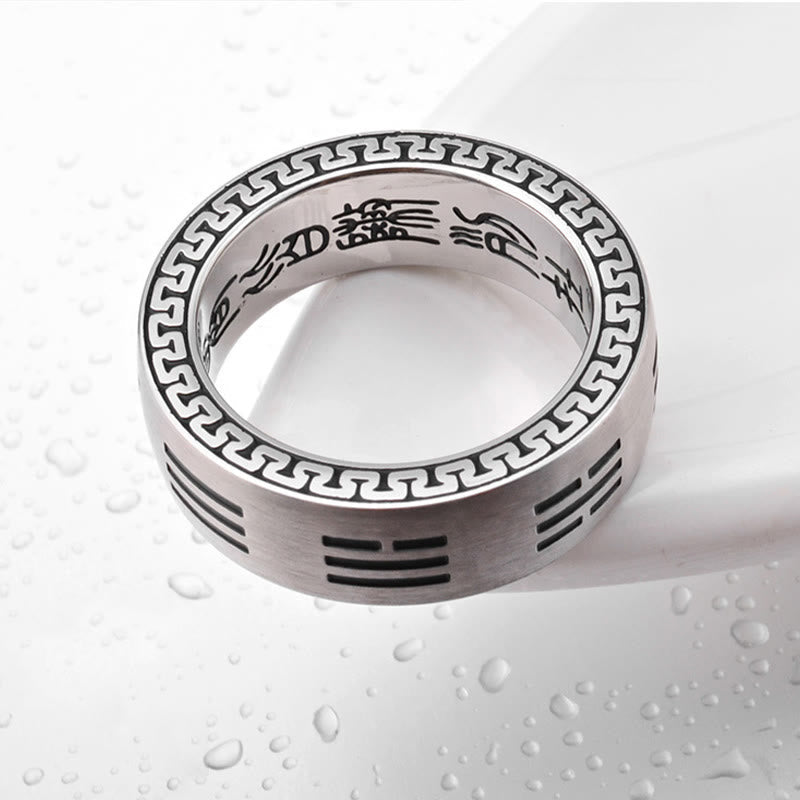 Wear FengShui Bagua Yin Yang Taoist Nine-Character Mantra Titanium Steel Harmony Ring