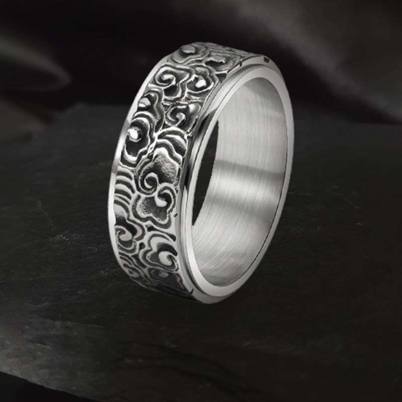 Wear FengShui Auspicious Clouds Pattern Carved Titanium Steel Balance Rotatable Ring