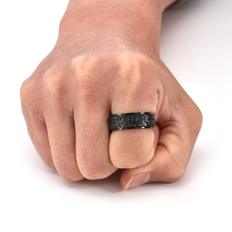 Wear FengShui Auspicious Clouds Pattern Carved Titanium Steel Balance Rotatable Ring