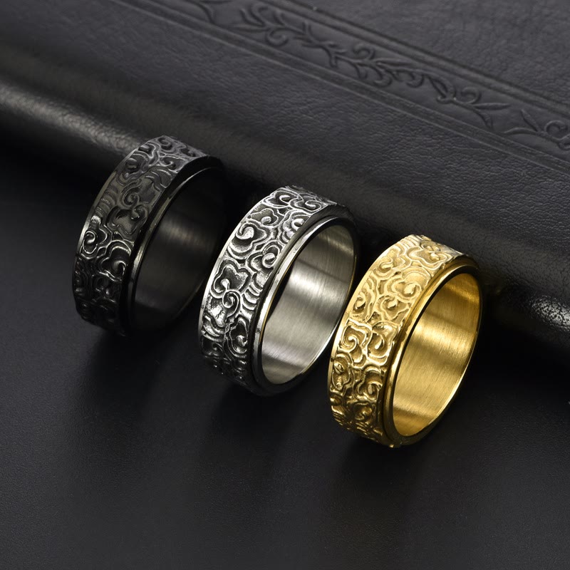 Wear FengShui Auspicious Clouds Pattern Carved Titanium Steel Balance Rotatable Ring