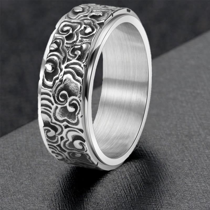 Wear FengShui Auspicious Clouds Pattern Carved Titanium Steel Balance Rotatable Ring