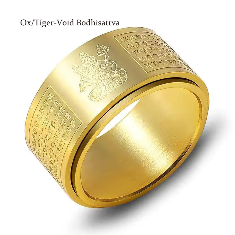 Wear FengShui Chinese Zodiac Natal Buddha Heart Sutra Carved Titanium Steel Calm Rotatable Ring