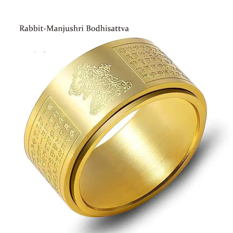 Wear FengShui Chinese Zodiac Natal Buddha Heart Sutra Carved Titanium Steel Calm Rotatable Ring