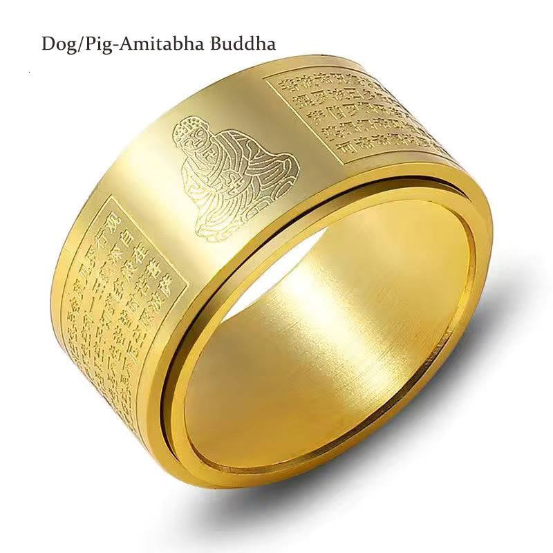 Wear FengShui Chinese Zodiac Natal Buddha Heart Sutra Carved Titanium Steel Calm Rotatable Ring
