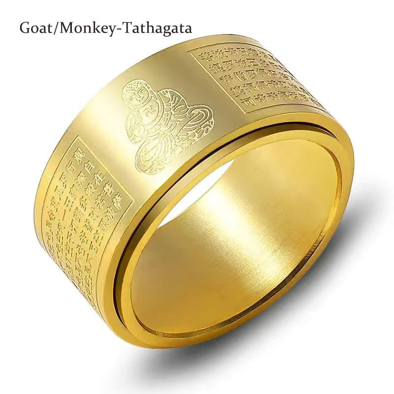 Wear FengShui Chinese Zodiac Natal Buddha Heart Sutra Carved Titanium Steel Calm Rotatable Ring