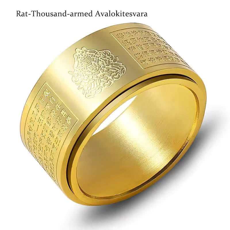 Wear FengShui Chinese Zodiac Natal Buddha Heart Sutra Carved Titanium Steel Calm Rotatable Ring