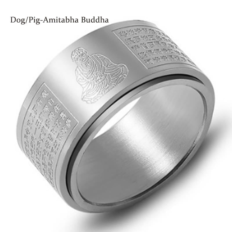 Wear FengShui Chinese Zodiac Natal Buddha Heart Sutra Carved Titanium Steel Calm Rotatable Ring