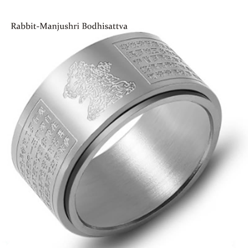 Wear FengShui Chinese Zodiac Natal Buddha Heart Sutra Carved Titanium Steel Calm Rotatable Ring