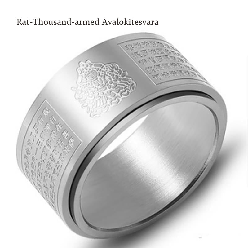 Wear FengShui Chinese Zodiac Natal Buddha Heart Sutra Carved Titanium Steel Calm Rotatable Ring