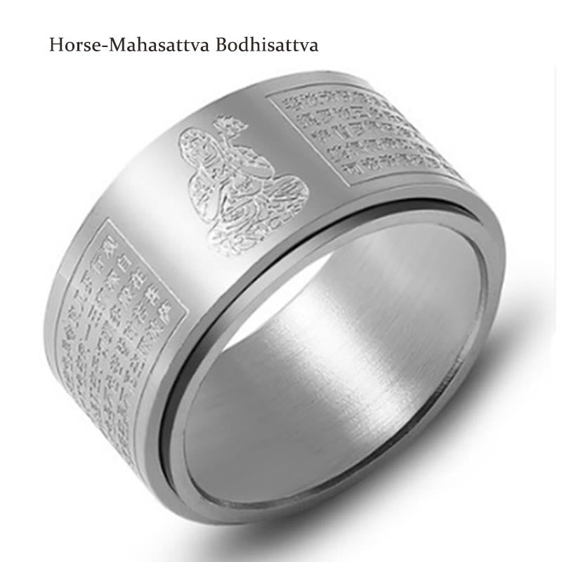 Wear FengShui Chinese Zodiac Natal Buddha Heart Sutra Carved Titanium Steel Calm Rotatable Ring