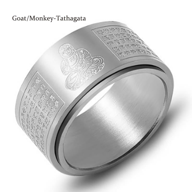 Wear FengShui Chinese Zodiac Natal Buddha Heart Sutra Carved Titanium Steel Calm Rotatable Ring