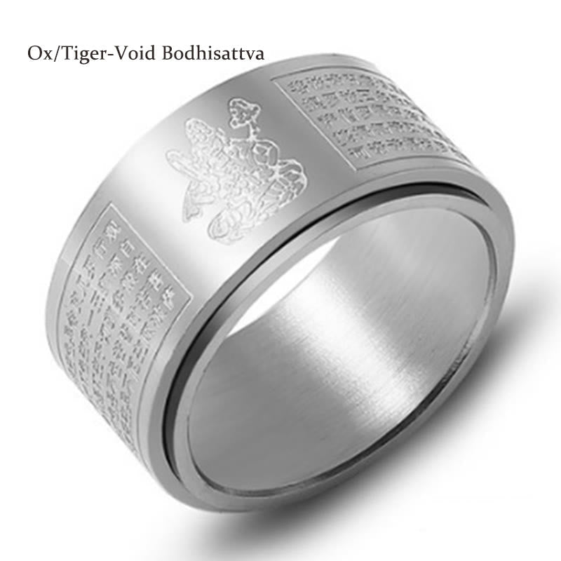 Wear FengShui Chinese Zodiac Natal Buddha Heart Sutra Carved Titanium Steel Calm Rotatable Ring