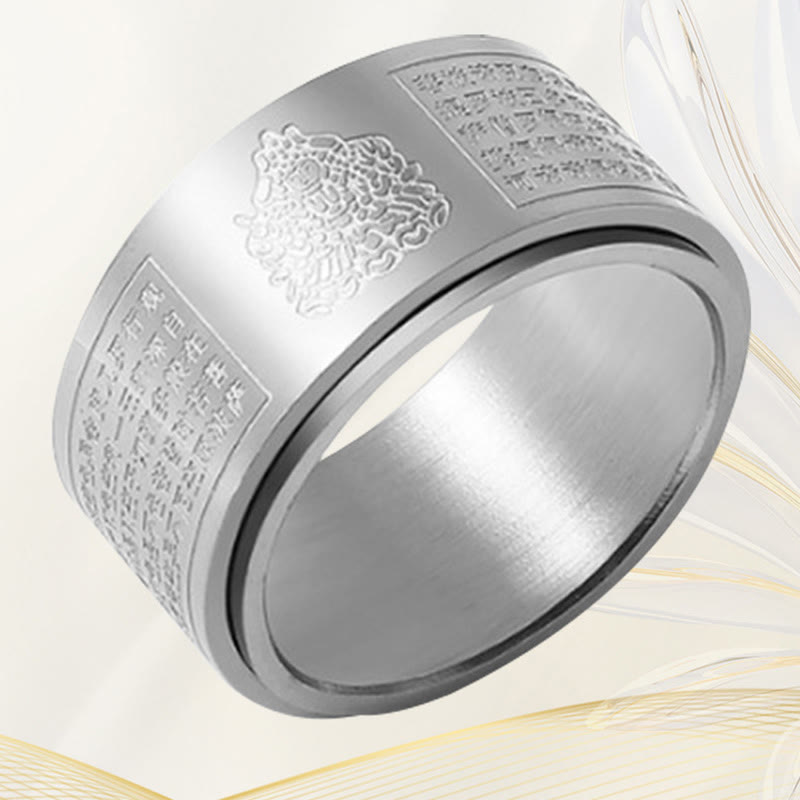 Wear FengShui Chinese Zodiac Natal Buddha Heart Sutra Carved Titanium Steel Calm Rotatable Ring