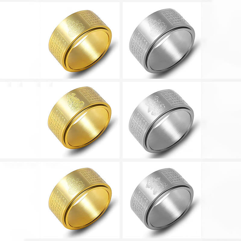 Wear FengShui Chinese Zodiac Natal Buddha Heart Sutra Carved Titanium Steel Calm Rotatable Ring