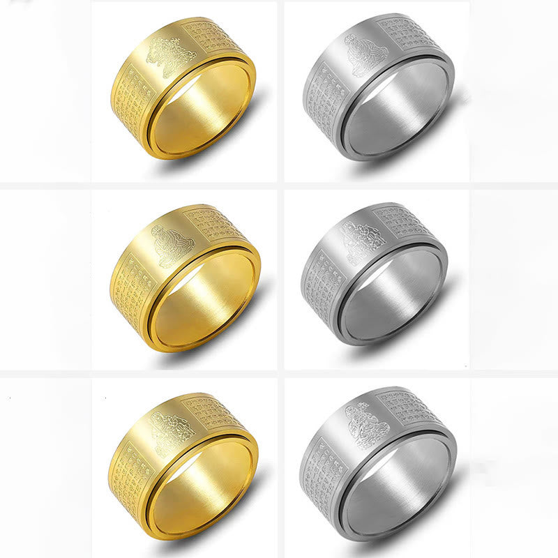 Wear FengShui Chinese Zodiac Natal Buddha Heart Sutra Carved Titanium Steel Calm Rotatable Ring
