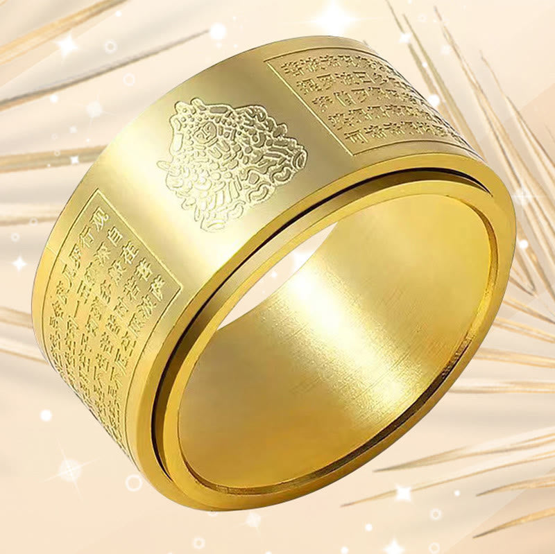 Wear FengShui Chinese Zodiac Natal Buddha Heart Sutra Carved Titanium Steel Calm Rotatable Ring