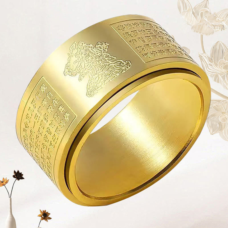 Wear FengShui Chinese Zodiac Natal Buddha Heart Sutra Carved Titanium Steel Calm Rotatable Ring