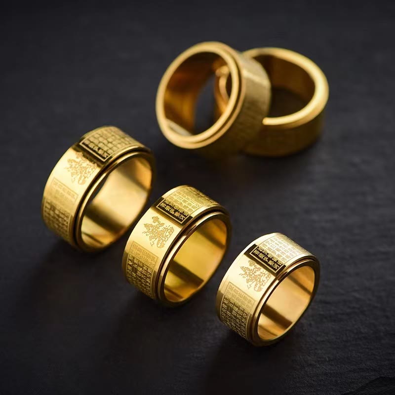 Wear FengShui Chinese Zodiac Natal Buddha Heart Sutra Carved Titanium Steel Calm Rotatable Ring