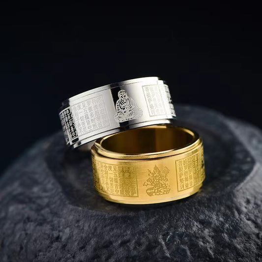 Wear FengShui Chinese Zodiac Natal Buddha Heart Sutra Carved Titanium Steel Calm Rotatable Ring
