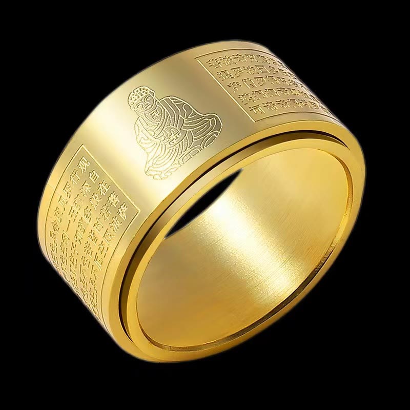 Wear FengShui Chinese Zodiac Natal Buddha Heart Sutra Carved Titanium Steel Calm Rotatable Ring