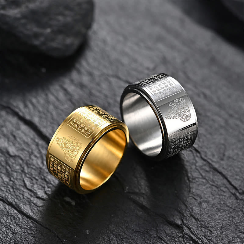 Wear FengShui Chinese Zodiac Natal Buddha Heart Sutra Carved Titanium Steel Calm Rotatable Ring