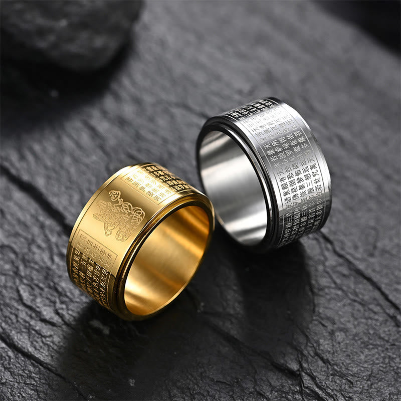 Wear FengShui Chinese Zodiac Natal Buddha Heart Sutra Carved Titanium Steel Calm Rotatable Ring
