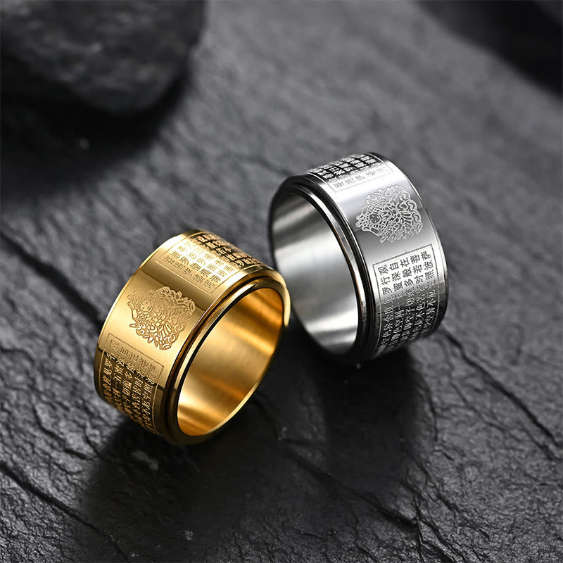 Wear FengShui Chinese Zodiac Natal Buddha Heart Sutra Carved Titanium Steel Calm Rotatable Ring