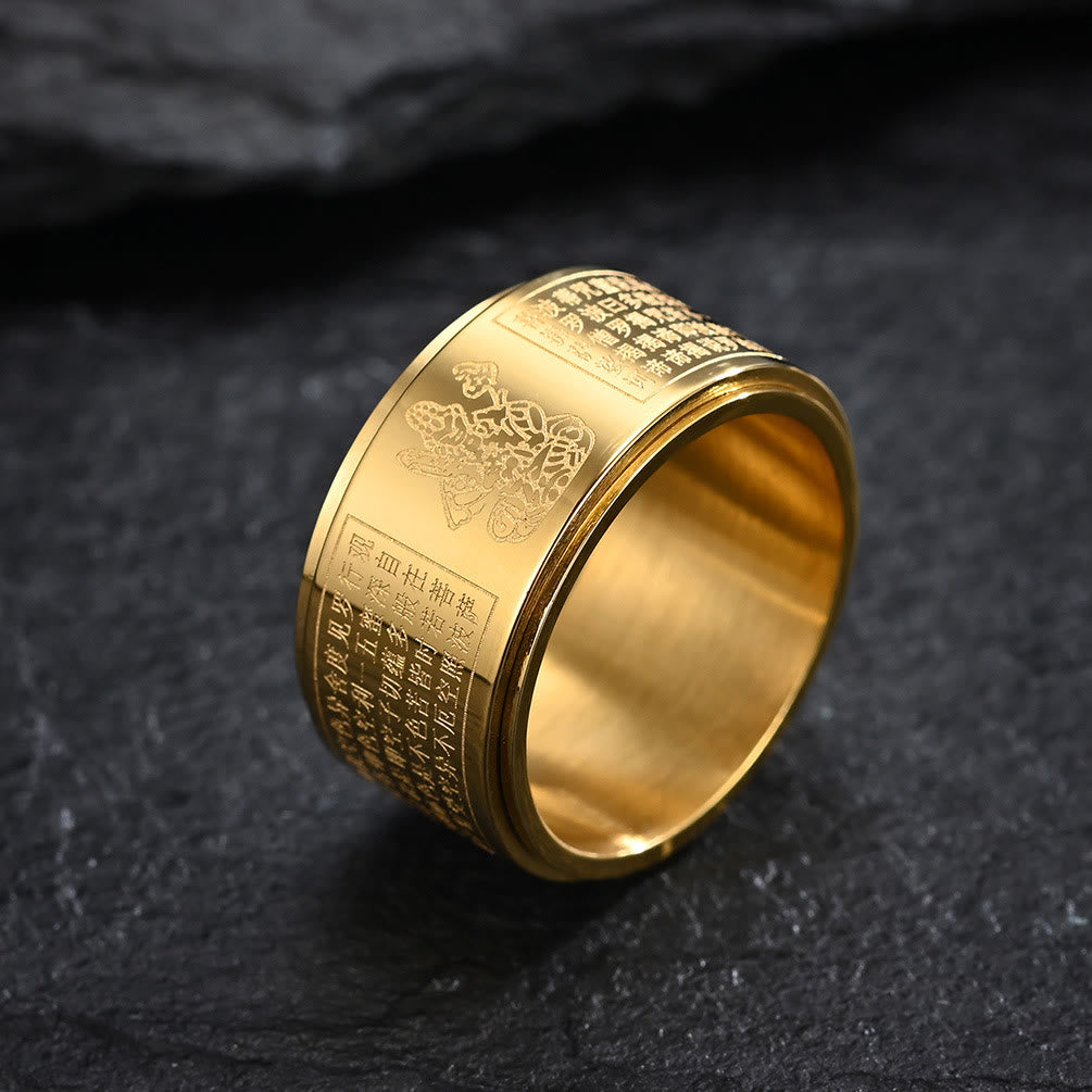 Wear FengShui Chinese Zodiac Natal Buddha Heart Sutra Carved Titanium Steel Calm Rotatable Ring