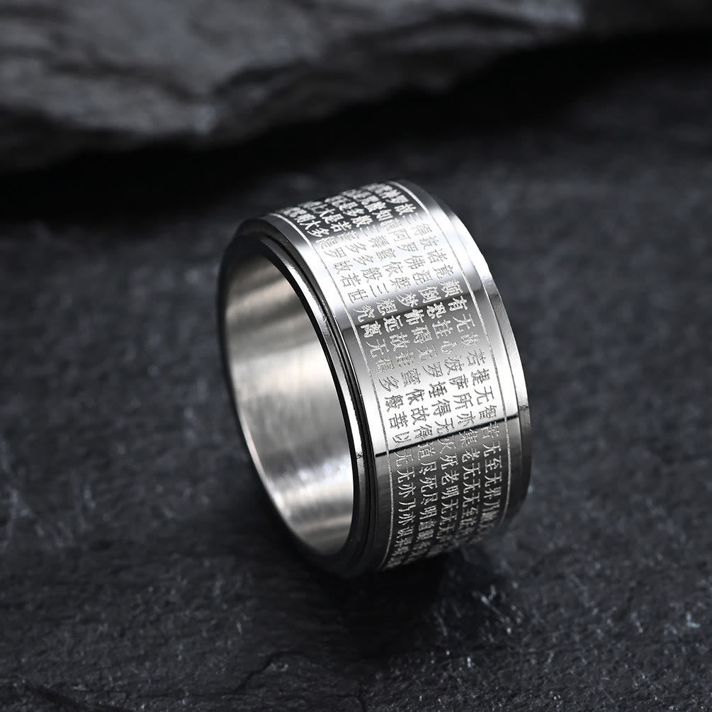 Wear FengShui Chinese Zodiac Natal Buddha Heart Sutra Carved Titanium Steel Calm Rotatable Ring