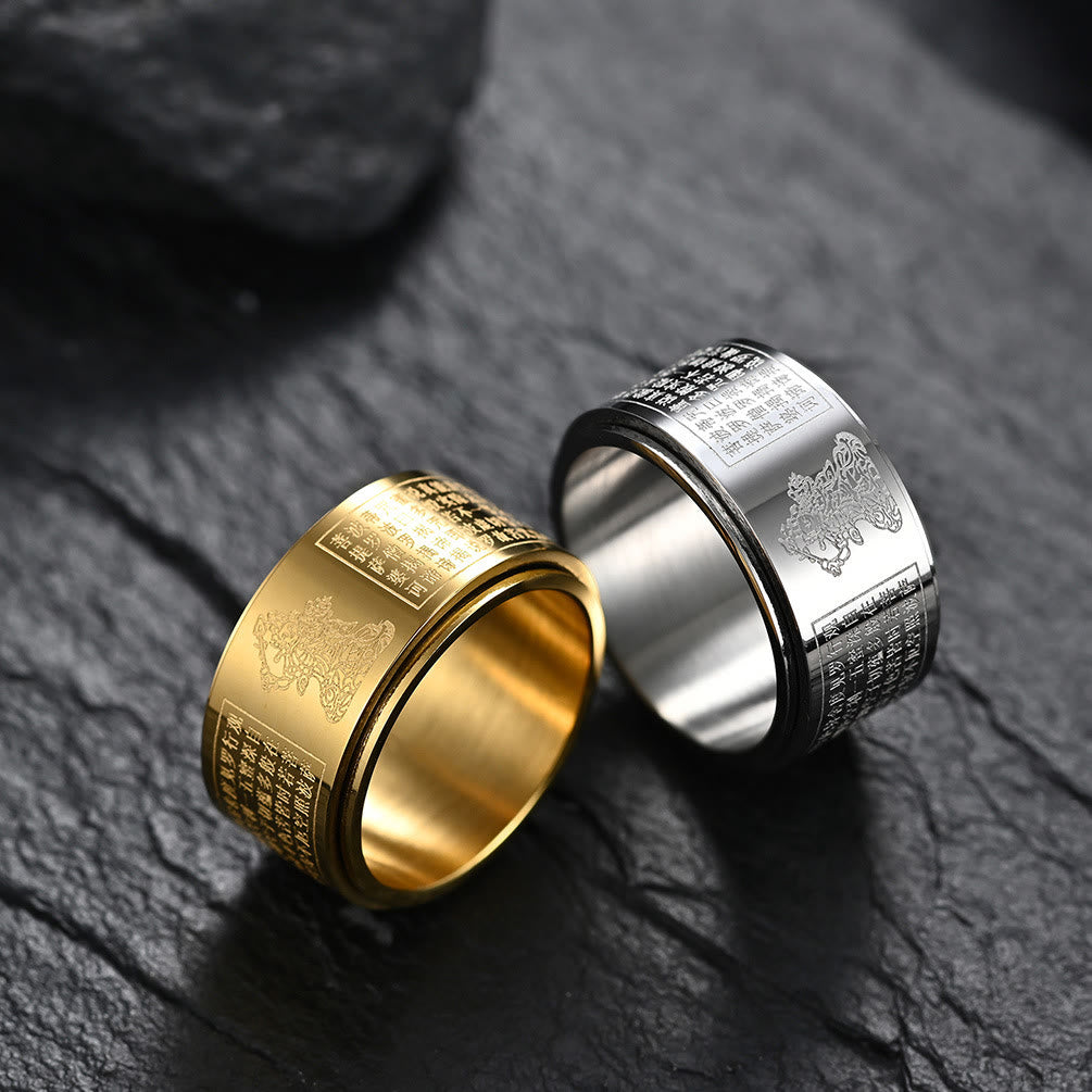 Wear FengShui Chinese Zodiac Natal Buddha Heart Sutra Carved Titanium Steel Calm Rotatable Ring