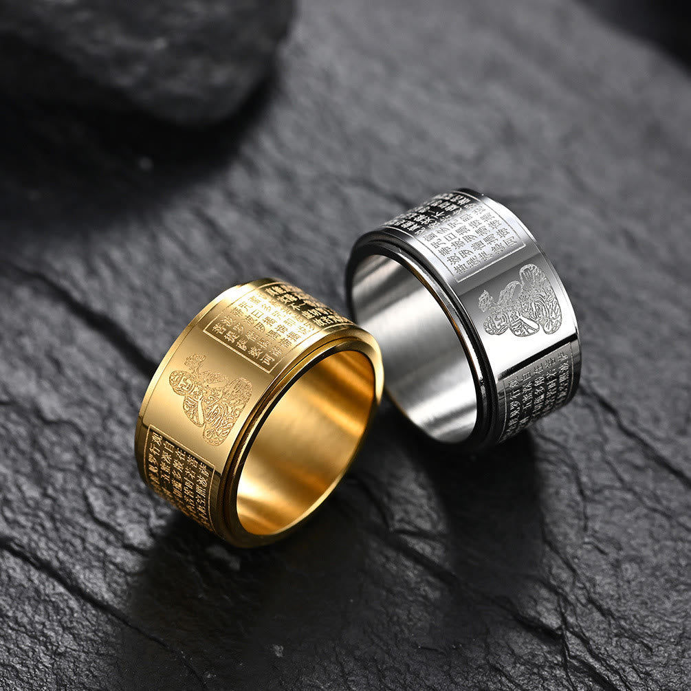 Wear FengShui Chinese Zodiac Natal Buddha Heart Sutra Carved Titanium Steel Calm Rotatable Ring