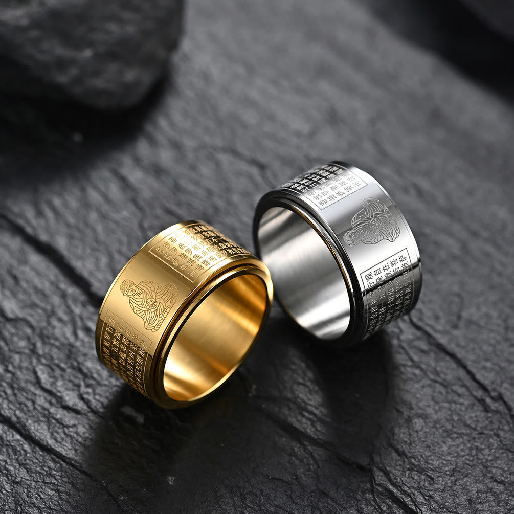 Wear FengShui Chinese Zodiac Natal Buddha Heart Sutra Carved Titanium Steel Calm Rotatable Ring