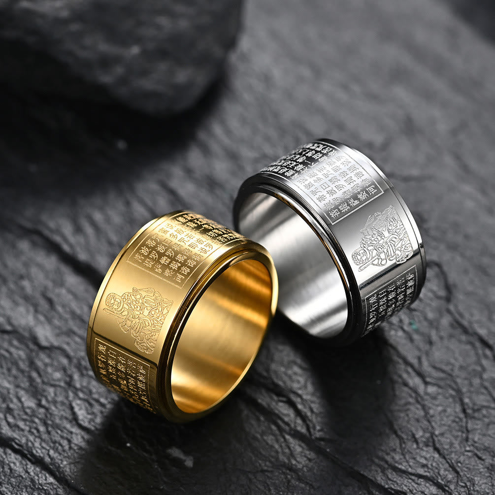 Wear FengShui Chinese Zodiac Natal Buddha Heart Sutra Carved Titanium Steel Calm Rotatable Ring