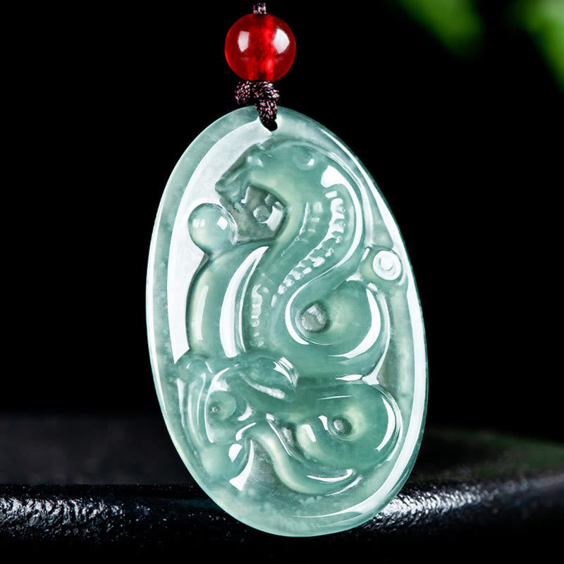 Wear FengShui Natural Jade Oval Year Of The Snake Luck Necklace Pendant