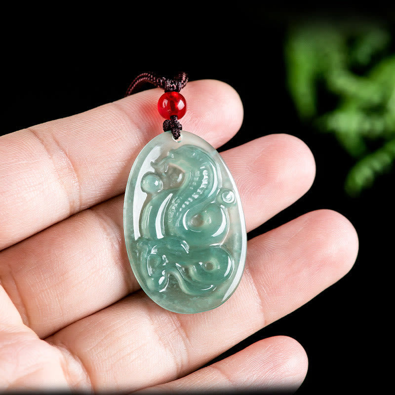 Wear FengShui Natural Jade Oval Year Of The Snake Luck Necklace Pendant