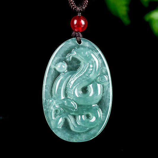 Wear FengShui Natural Jade Oval Year Of The Snake Luck Necklace Pendant