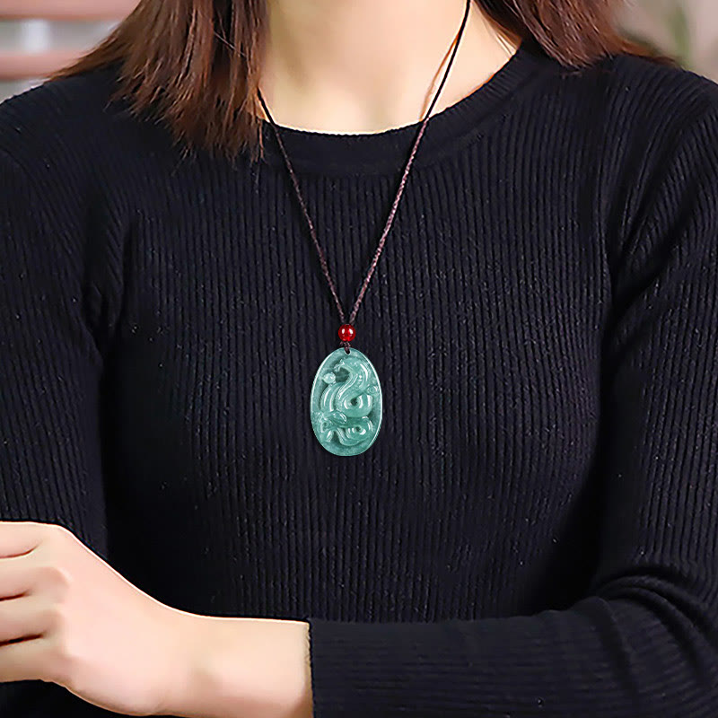 Wear FengShui Natural Jade Oval Year Of The Snake Luck Necklace Pendant