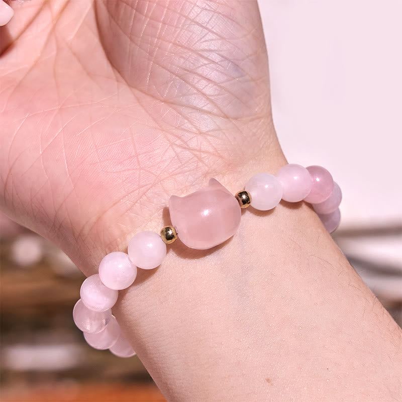 Wear FengShui Amethyst Green Aventurine Rose Quartz Fluorite Cat Head Balance Luck Bracelet