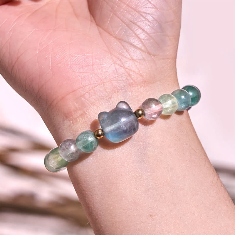 Wear FengShui Amethyst Green Aventurine Rose Quartz Fluorite Cat Head Balance Luck Bracelet