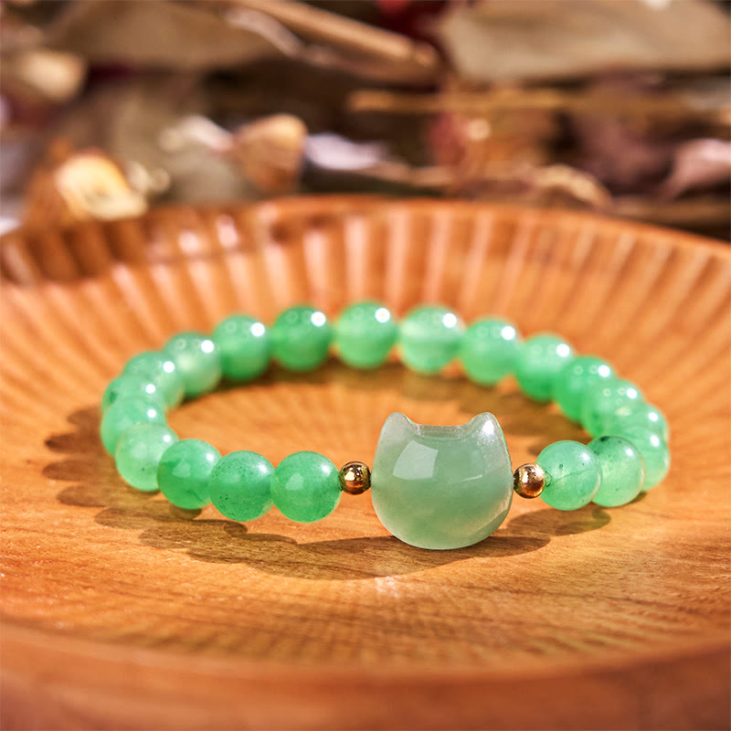 Wear FengShui Amethyst Green Aventurine Rose Quartz Fluorite Cat Head Balance Luck Bracelet