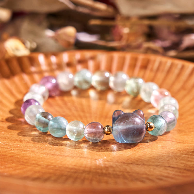 Wear FengShui Amethyst Green Aventurine Rose Quartz Fluorite Cat Head Balance Luck Bracelet