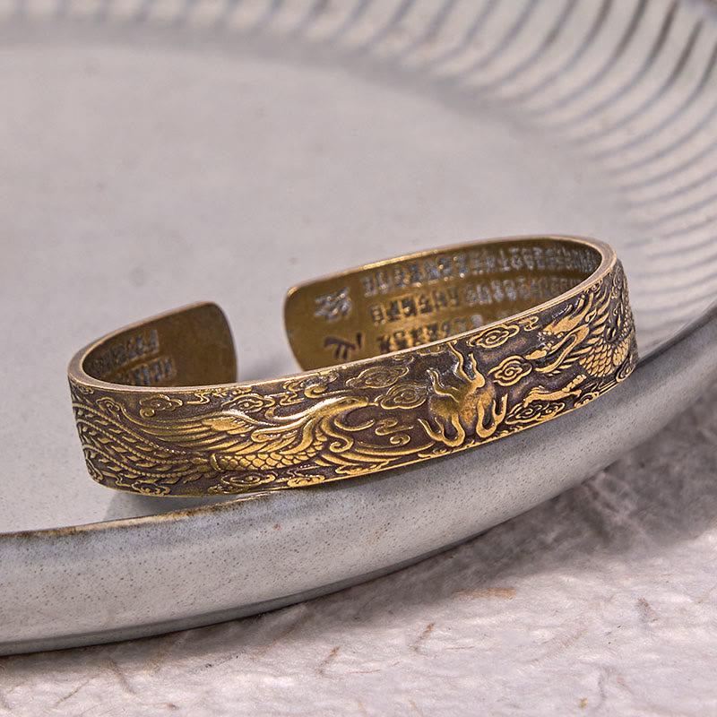 Wear FengShui Dragon And Phoenix Playing With A Pearl Heart Sutra Carved Copper Brass Luck Bracelet Bangle